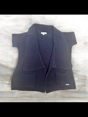 Navy Short-Sleeve Shawl Collar Knit Cardigan